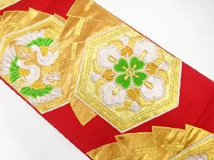 アンティーク　亀甲に檜扇・華文・向かい鶴模様織り出し袋帯(着用可)